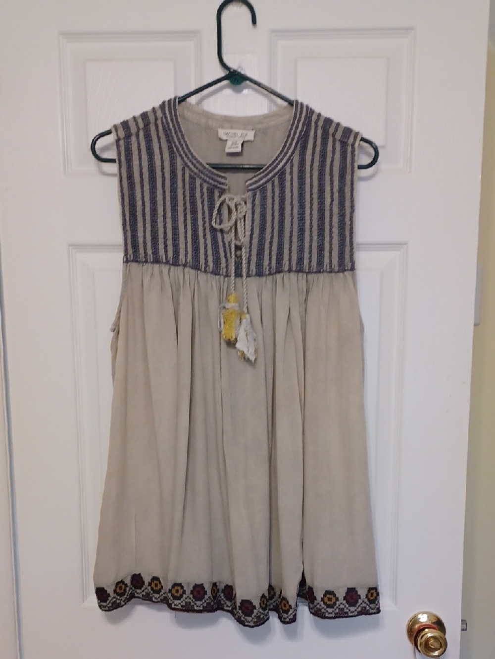 Rachel Zoe Sz 2X, Embroidered, Boho Sleeveless Tunic, Taupe & Navy.